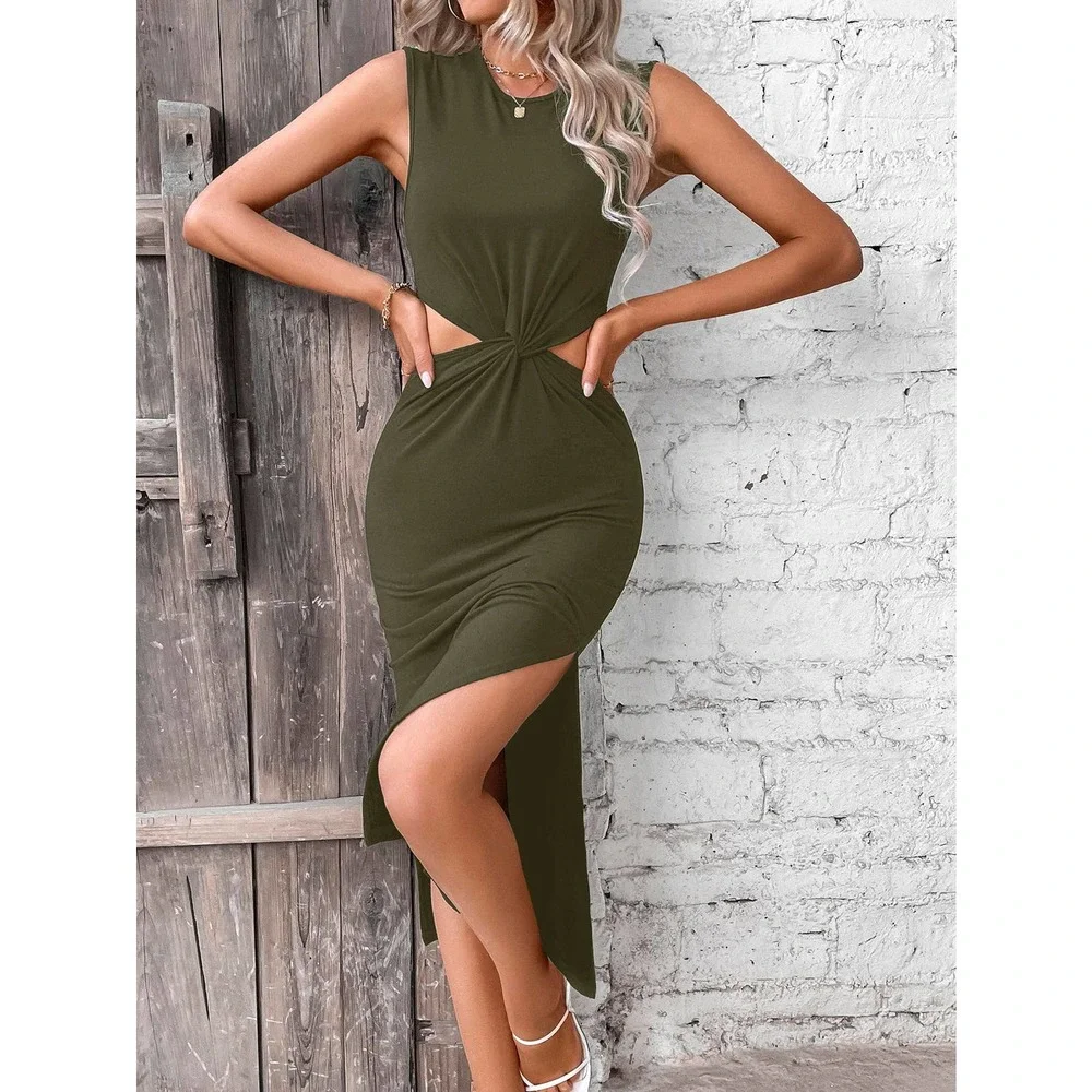 🌟 minimalist Cut Out Waist Twist Front Split Thigh Dress - Picture 10 of 11